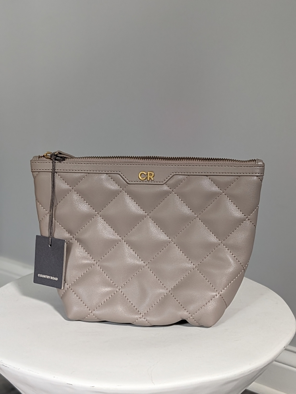 Country Road Quilted Taupe Leather Cosmetic Pouch with Gold Hardware